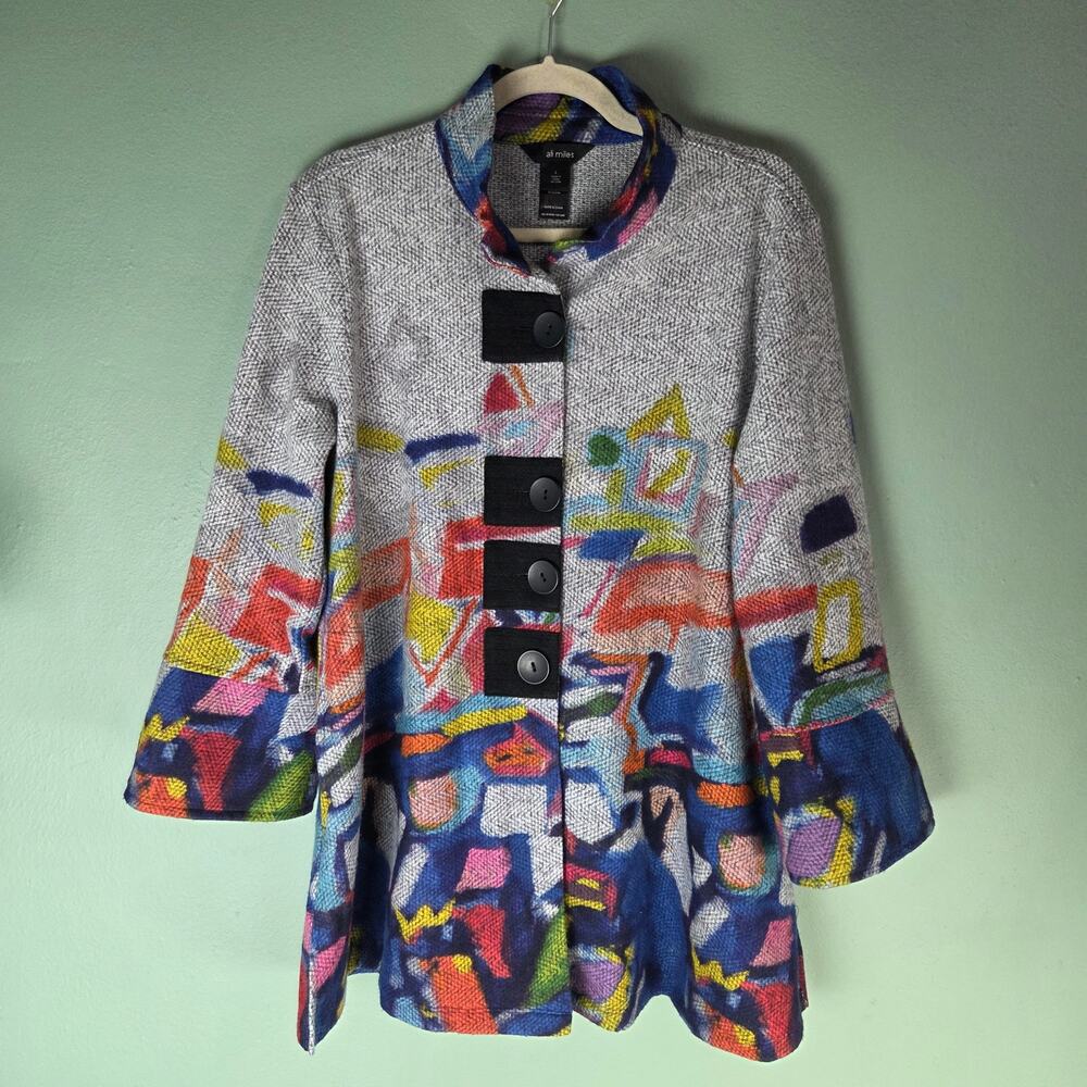 Ali Miles Womens Large Multicolor Gray Woven Abstract Print Wire Collar Jacket